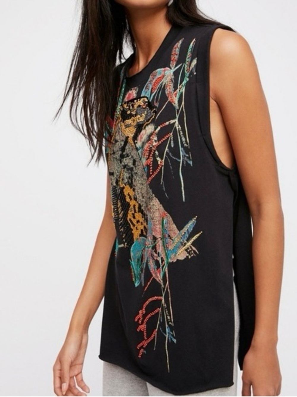 Free People Black Beaded Jungle Bay Cotton Sleeveless Tunic Top